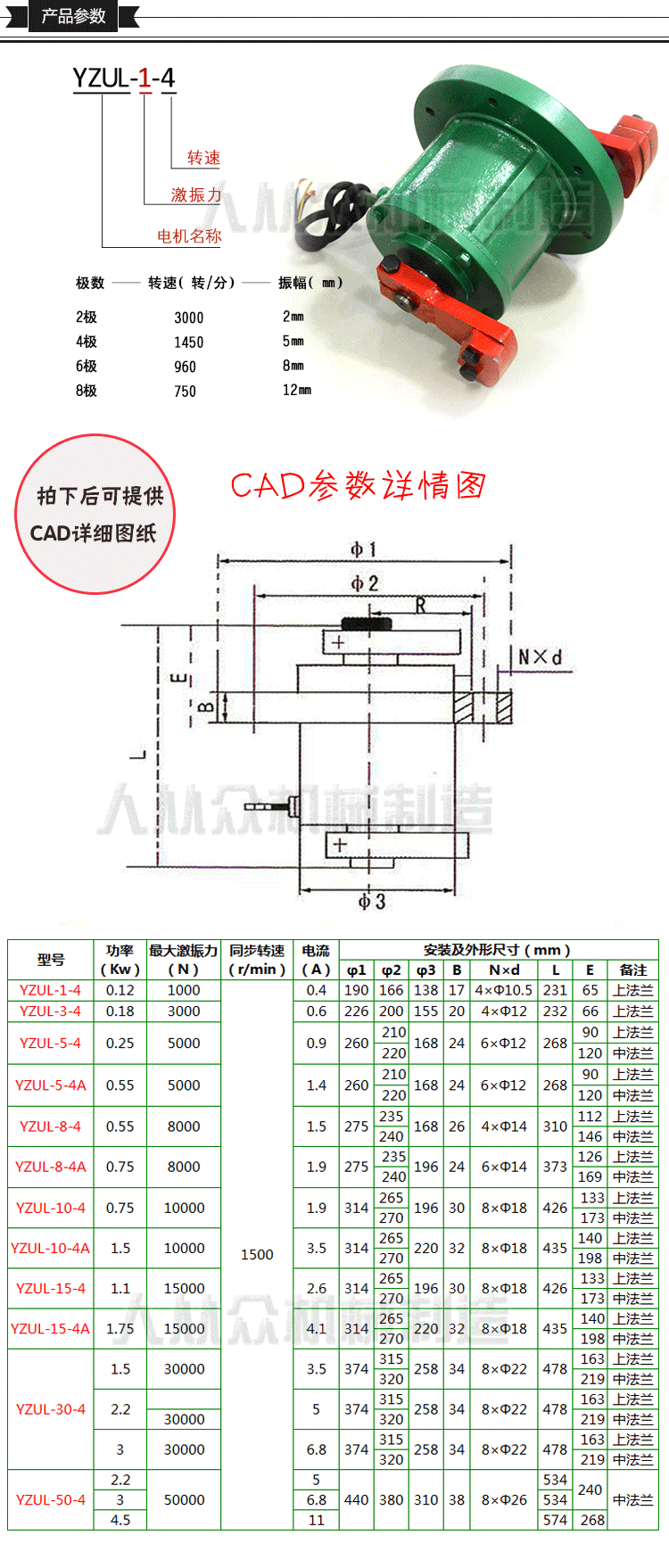 YZUL立式振动电机产品参数